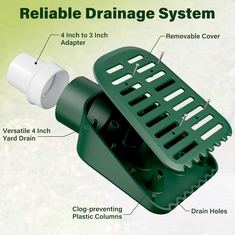 Debialo 4in. Grate Yard Drain, Yard Drain Emitter for Sump Pump Discharge & Downspout Extensions, 10" W x 11.5" L x 4.7" H, Protects Foundation, Prevents Standing Water – Includes 3" & 4" SCH 40 Pipe Adapter - Image 3